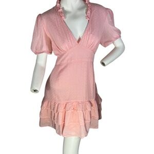 NEON Rose Ruffle V-Neck Pink Fit and Flair Dress with Swiss Dots & Ruffle Hem L